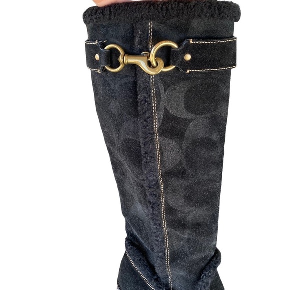 Coach Jonie Black Suede Shearling Tall Wedge Boot Embossed Monogram Size 7.5 GUC - Picture 7 of 11